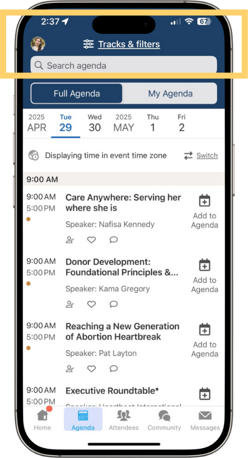 Whova Event Agenda Filtering
